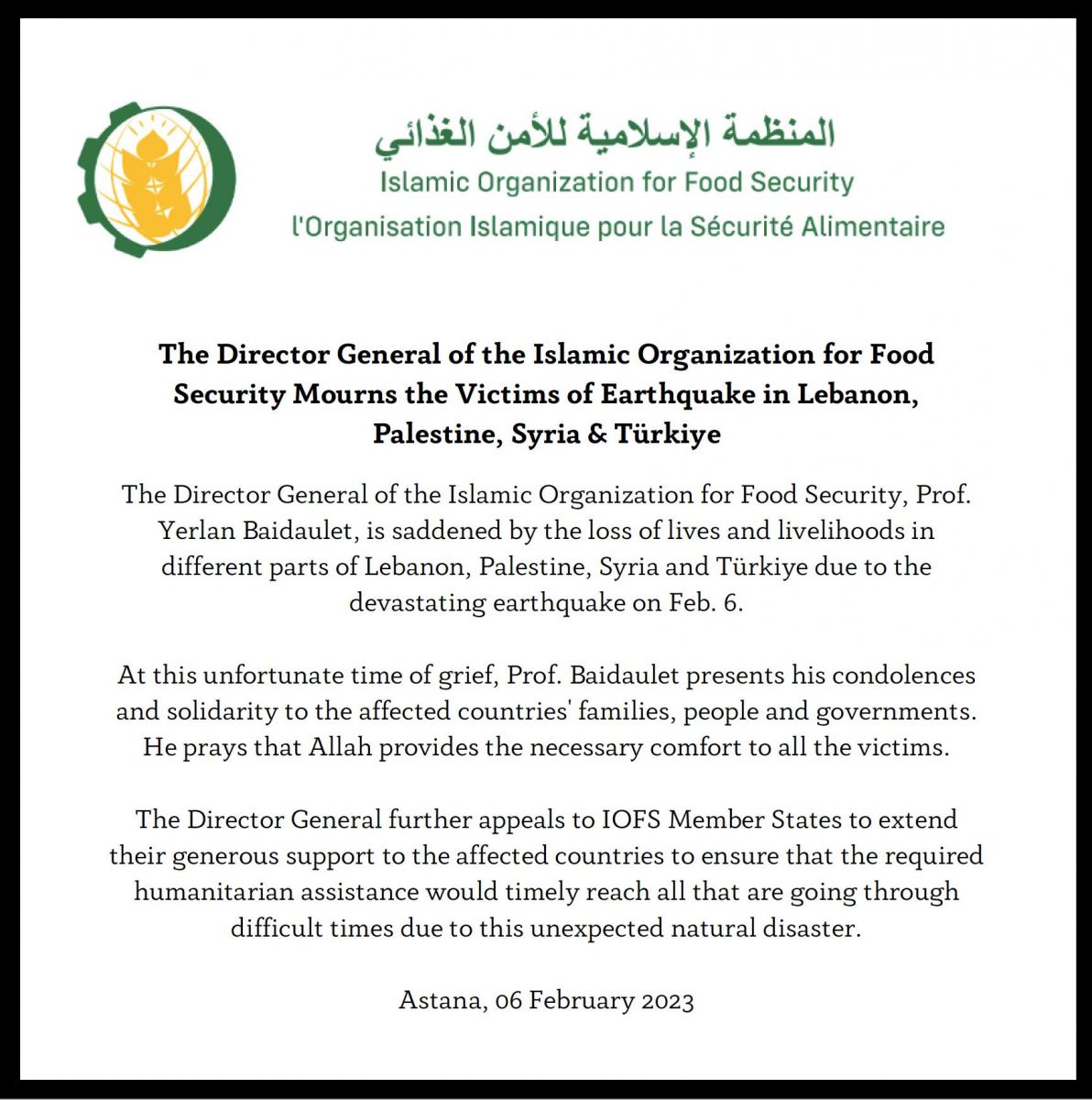 The Director General of IOFS Offers Condolences over Earthquake Disasters 